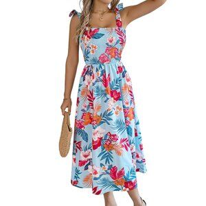 Blue Hawaiian Print Shoulder-Strap Maxi Dress